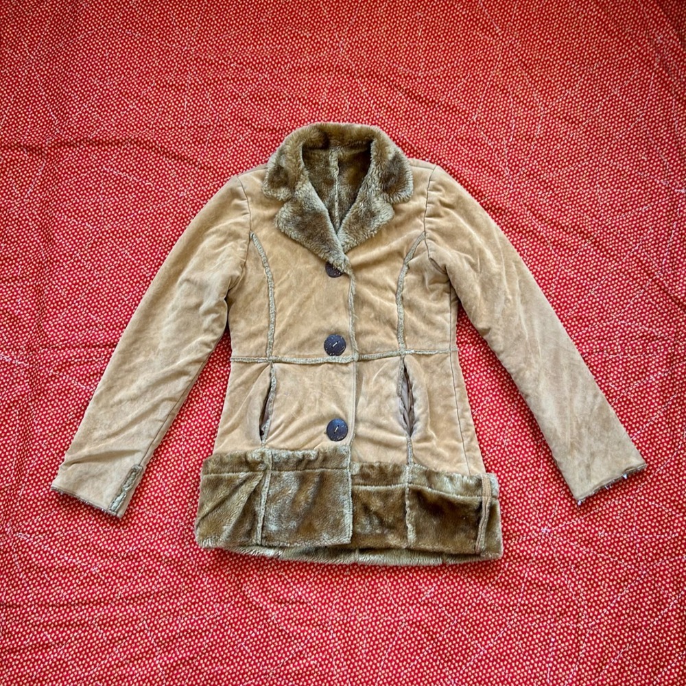 Vintage 2000s Faux Suede Shearling Trim Penny Lane Coat Tan Brown Boho Jacket